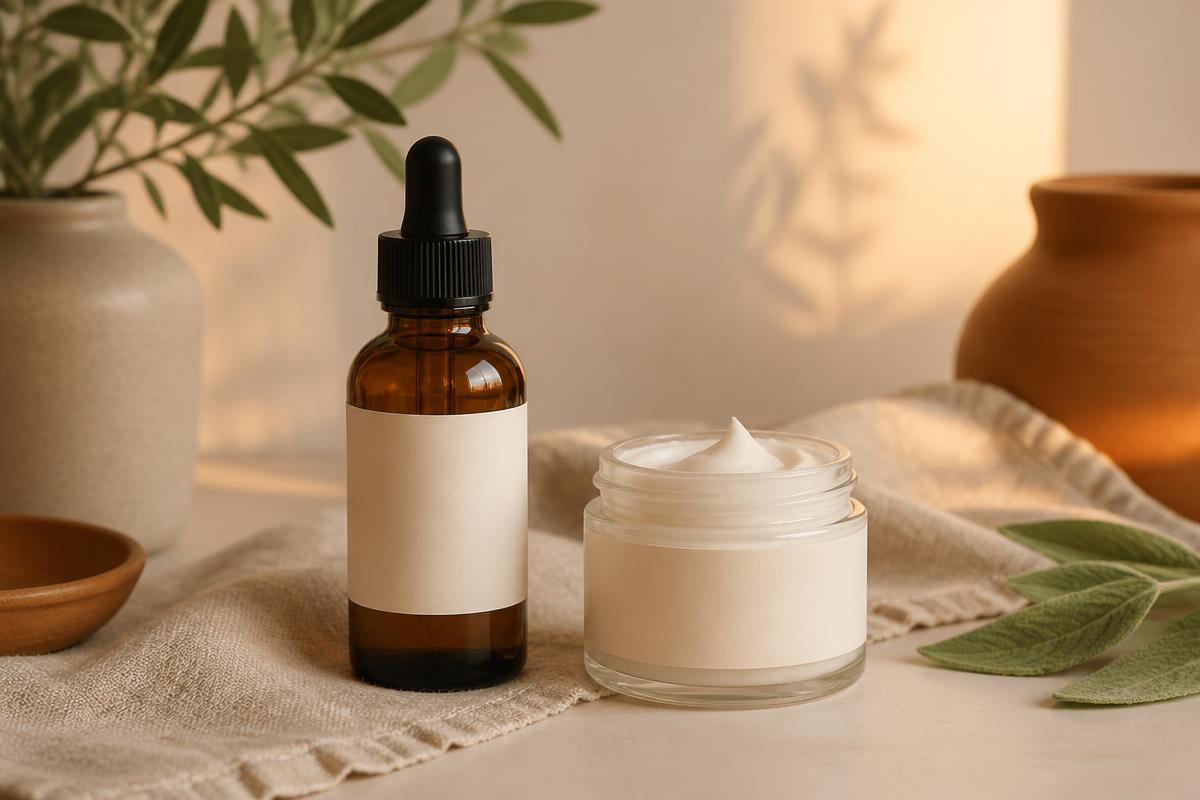 Unlabelled amber dropper bottle and a glass jar of rich cream on linen in warm evening light