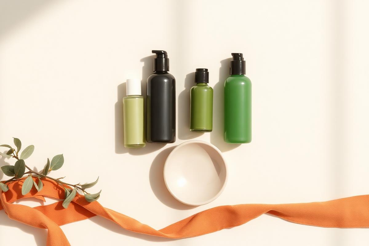 Four unlabelled skincare bottles spaced evenly beside a pale ceramic dish and a terracotta ribbon on cream