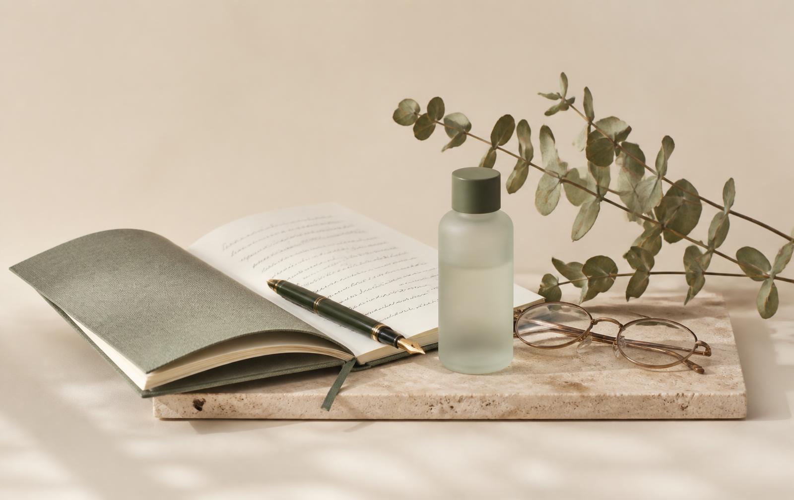 Open linen notebook, fountain pen, reading glasses and an unlabelled frosted bottle on a travertine tray