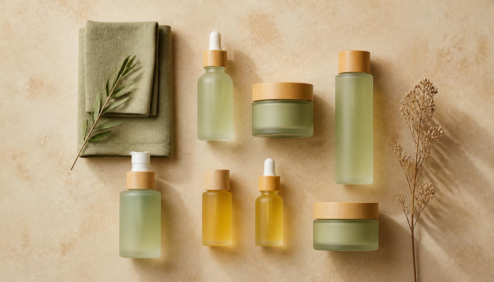 Grid of unlabeled frosted sage and amber skincare bottles with folded linen on warm travertine