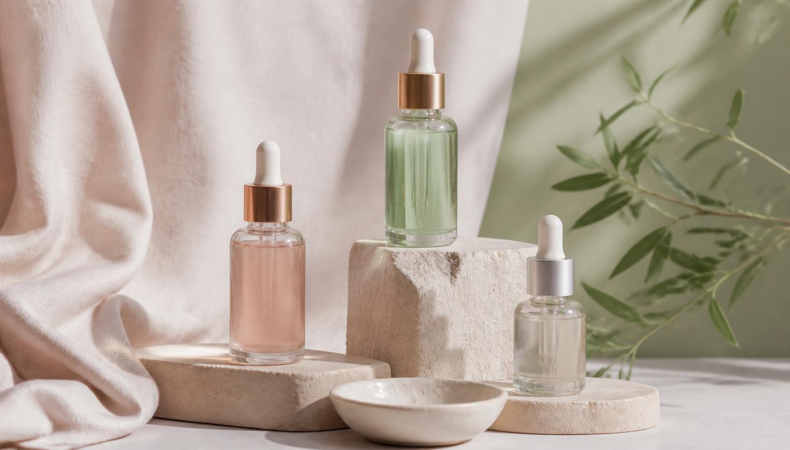 Three unlabelled dropper serum bottles on pale sandstone plinths beside a small ceramic dish