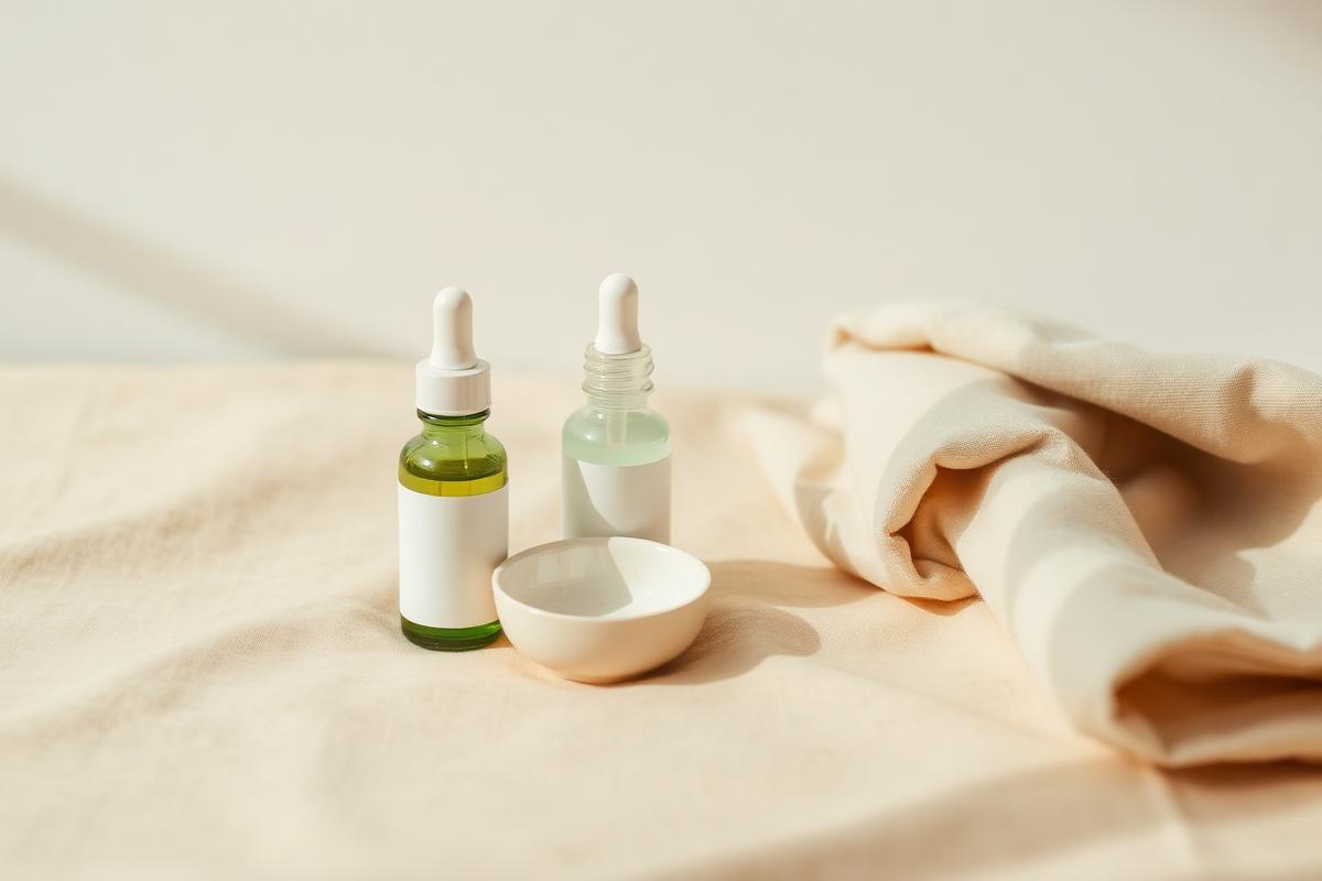 Two unlabelled dropper serum bottles beside a small ceramic dish on warm sand linen