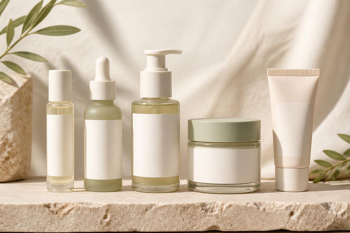 Five unlabelled skincare bottles and jars lined up from thin serum to thick cream to a sunscreen tube on a stone shelf