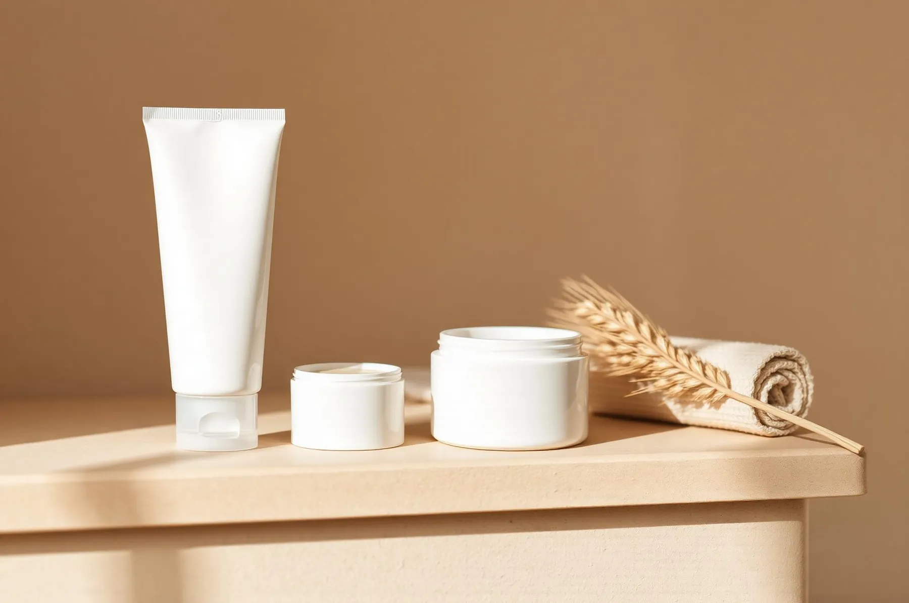 Unlabeled white tube and blank ceramic jars on a warm oat plaster ledge with a rolled towel