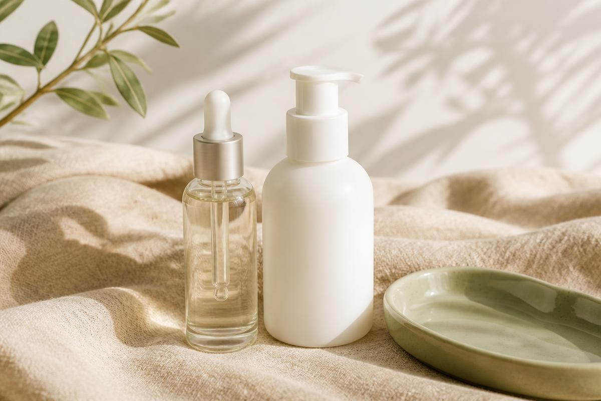 Two unlabelled skincare bottles side by side on warm sand linen in soft morning light