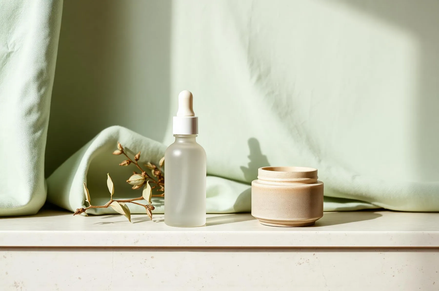 Unlabeled frosted bottle on a travertine ledge with mint-sage linen and a dried stem