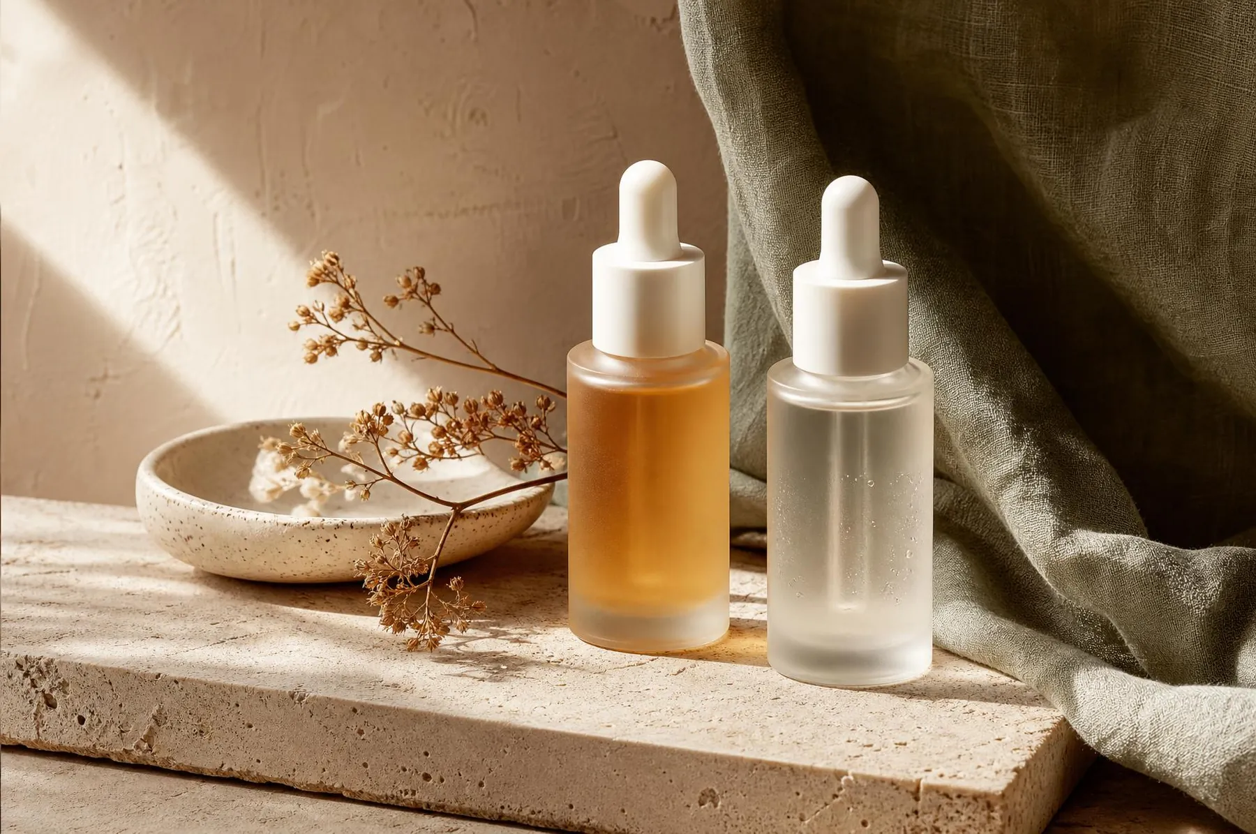 Two unlabelled dropper bottles — one amber, one clear — on travertine with sage linen and dried botanicals