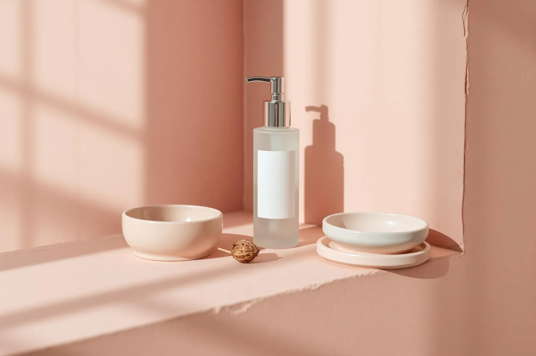 Unlabeled frosted pump bottle on a blush plaster ledge with pale ceramic dishes