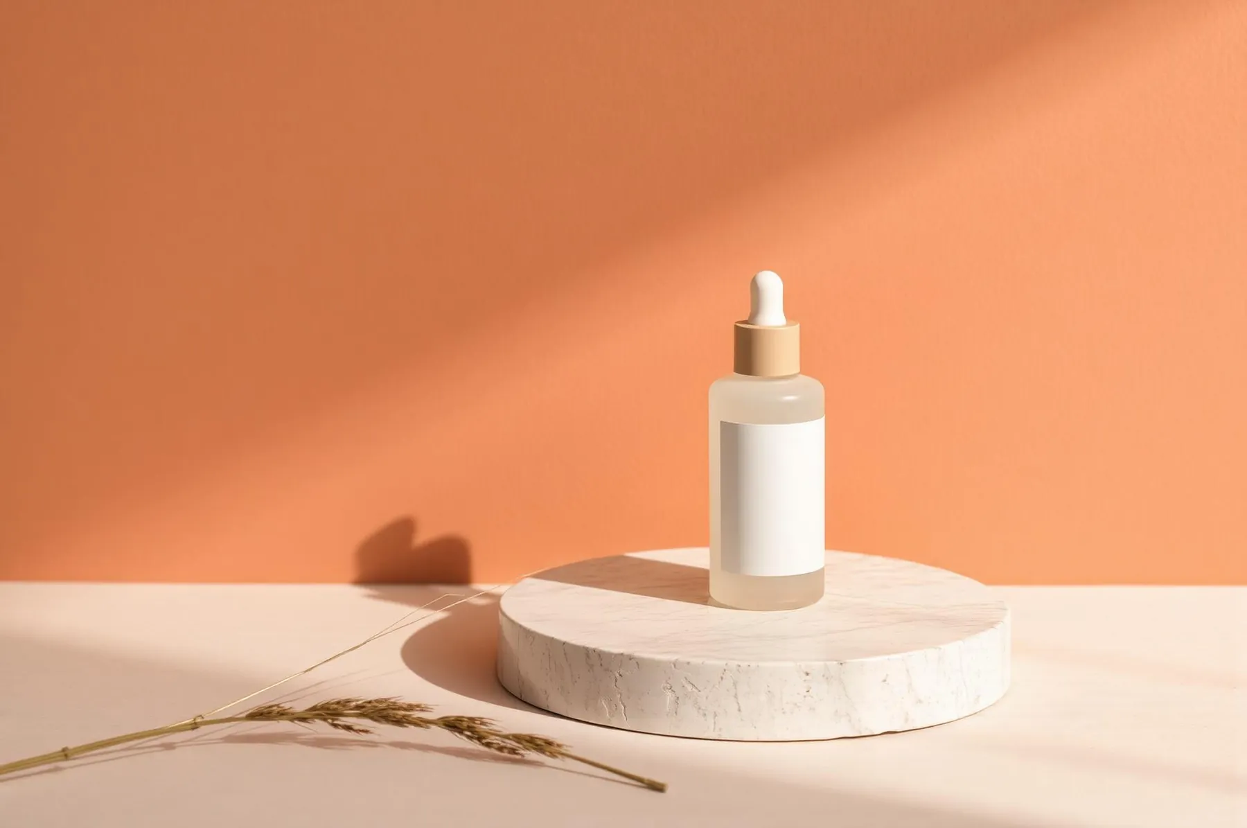 Unlabeled frosted serum bottle on a pale travertine plinth against a soft clay wall