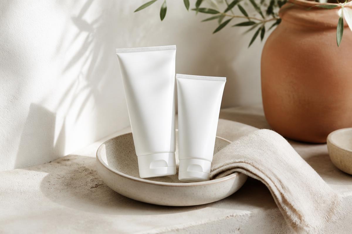 Two blank white skincare tubes in a pale ceramic dish beside folded linen on a stone shelf