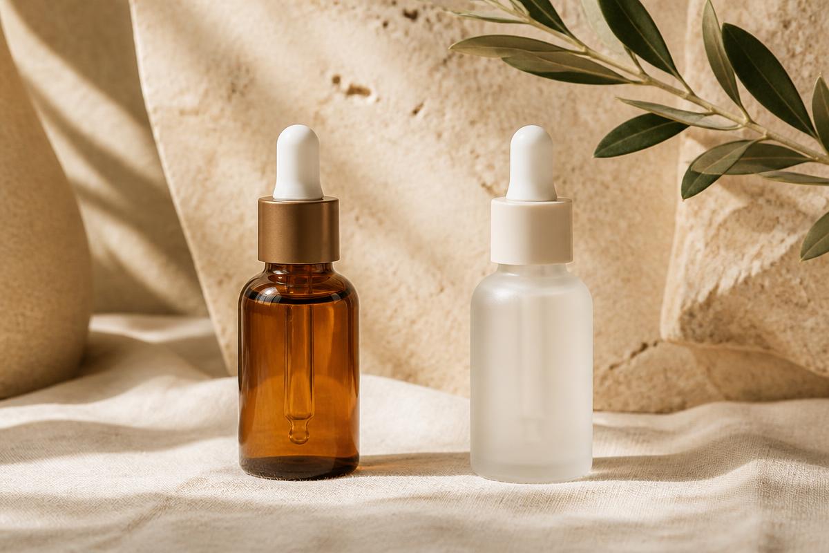 Two unlabelled serum dropper bottles facing each other on cream linen in soft daylight