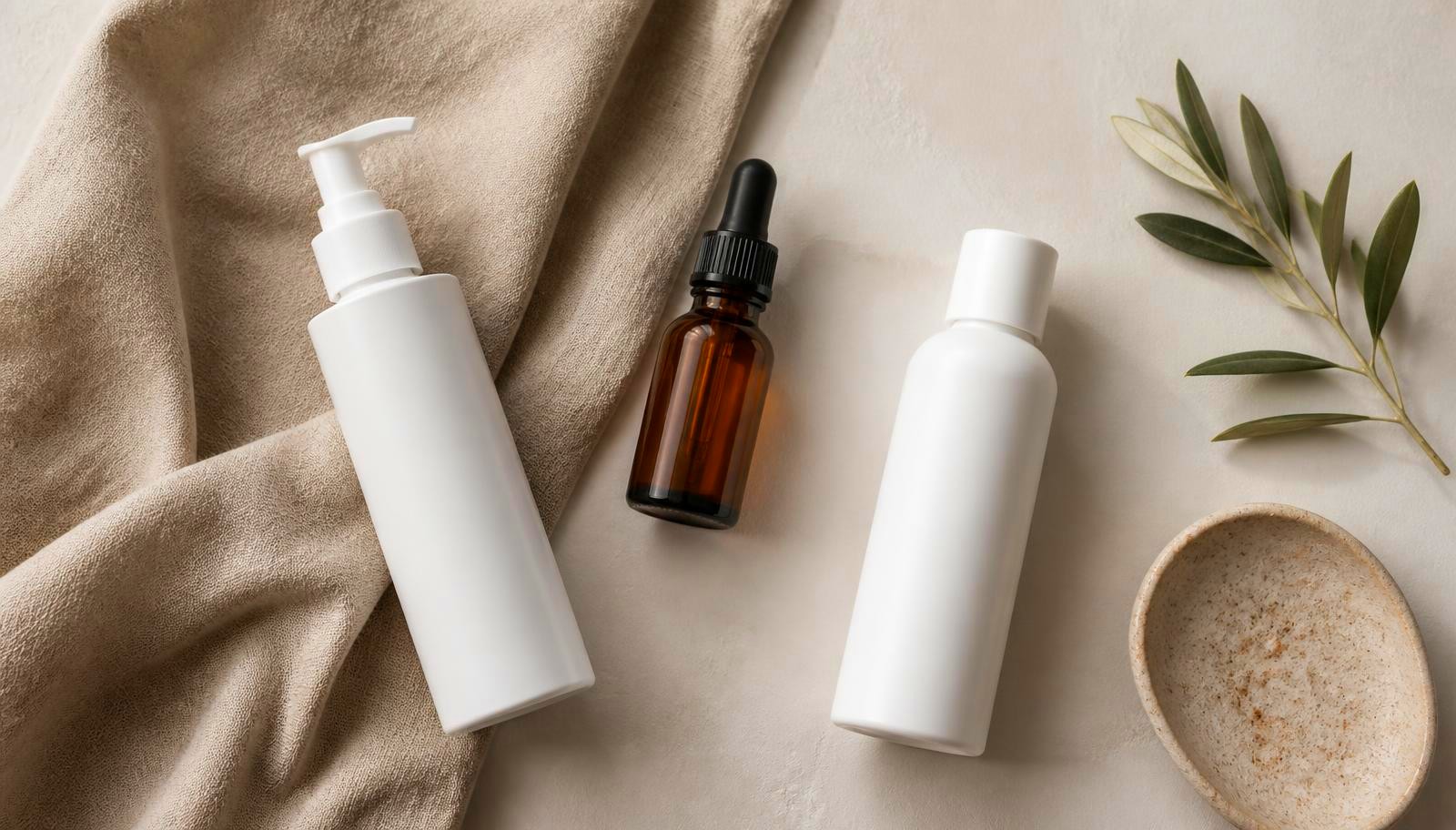 Overhead view of two unlabeled white bottles and an amber dropper spaced on pale plaster with oatmeal linen