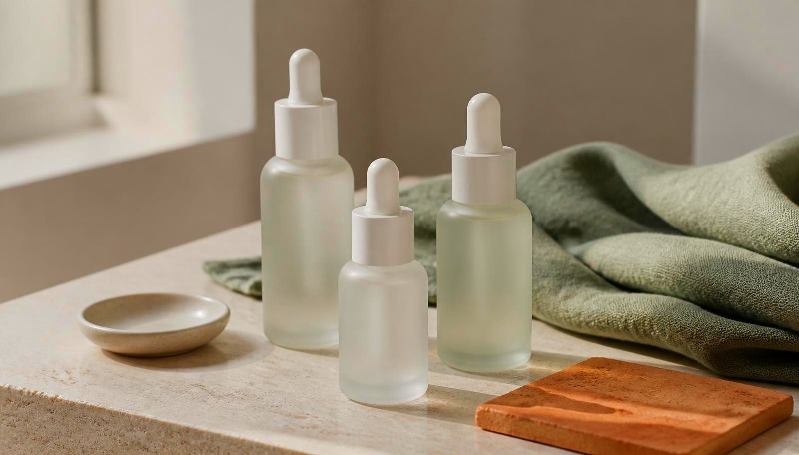 Three unlabeled frosted serum bottles and a ceramic dish on cream travertine with sage linen and a terracotta tile