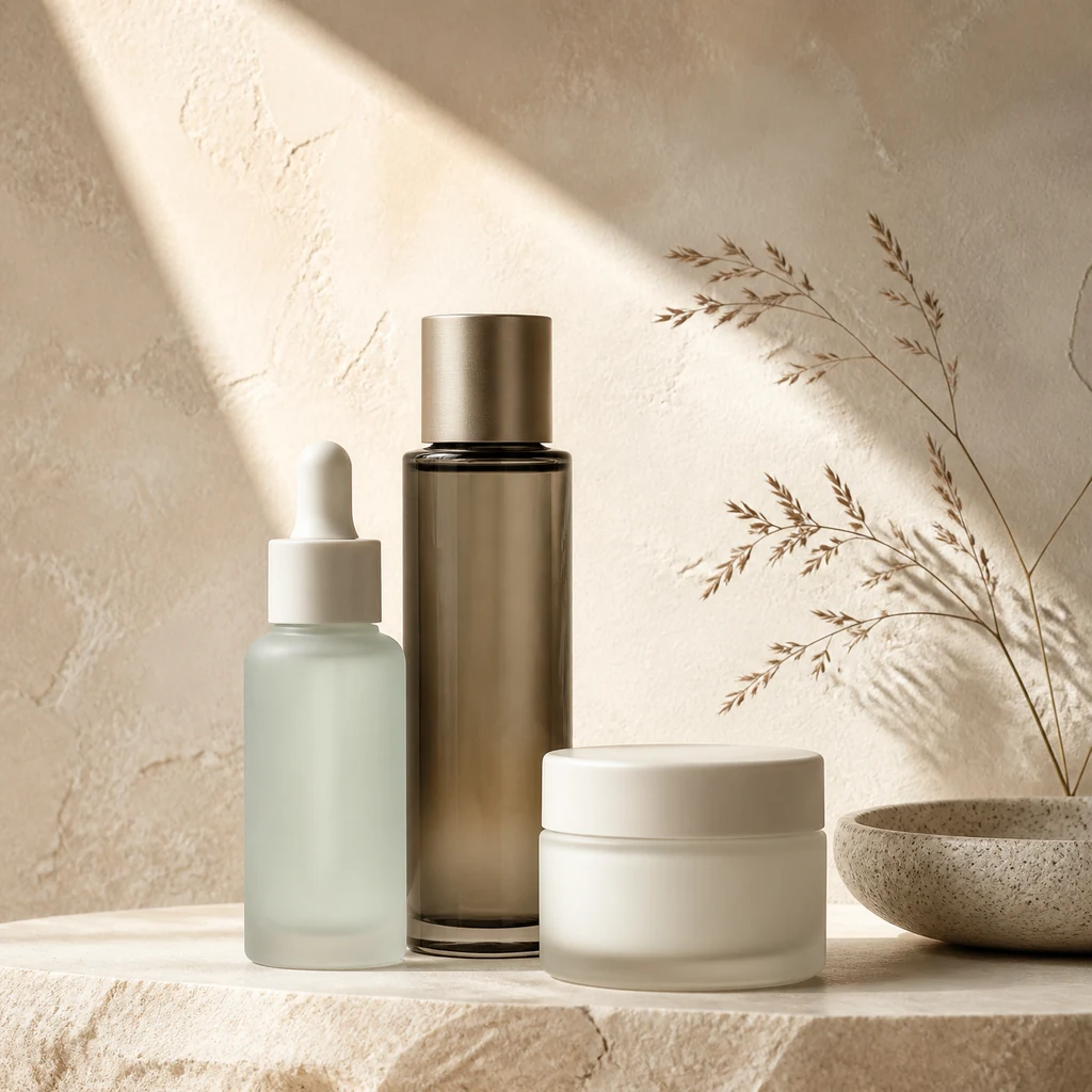 Frosted dropper bottle, smoked glass serum and opaline cream jar on a pale stone ledge in soft daylight