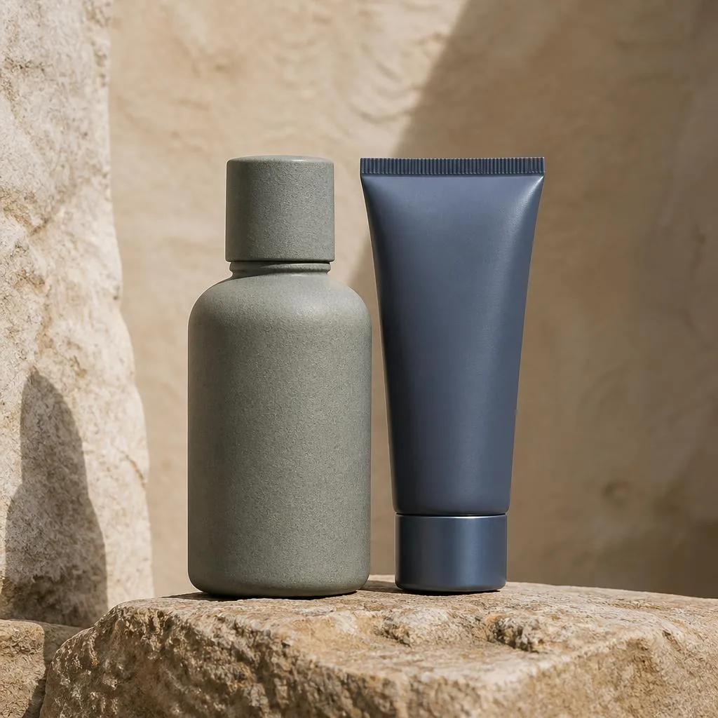 Grey-green clay bottle on rough sandstone in crisp natural light