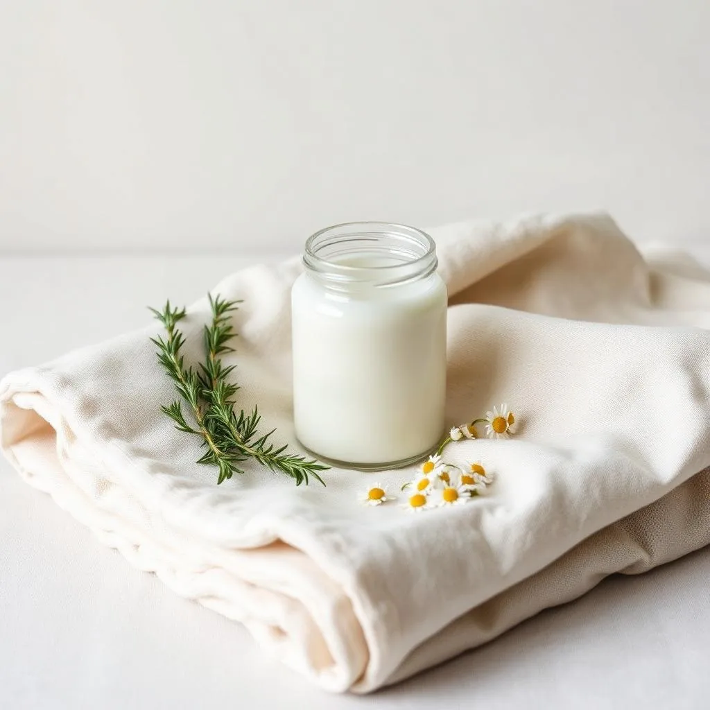 Unlabelled white glass jar on folded cream linen beside a sprig of rosemary