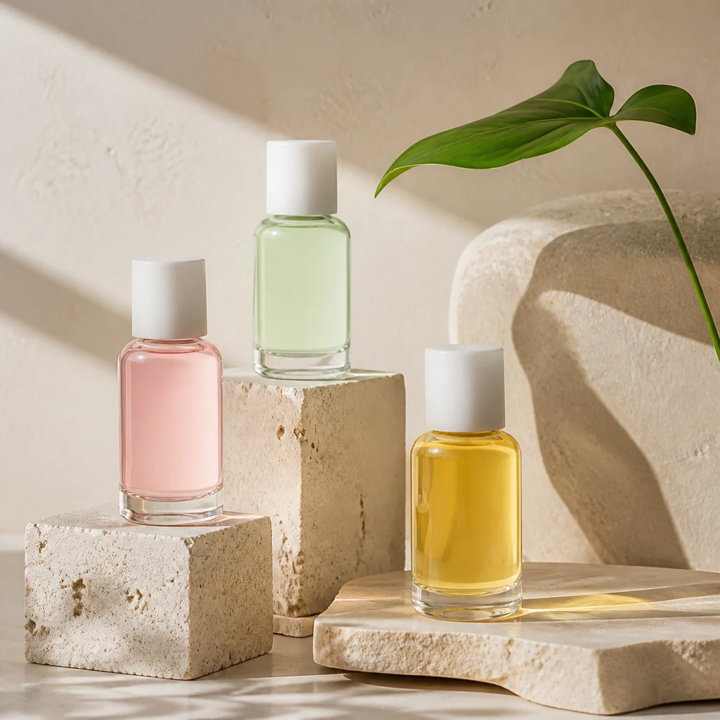 Three small glass bottles in blush, mint and butter tints on pale travertine plinths