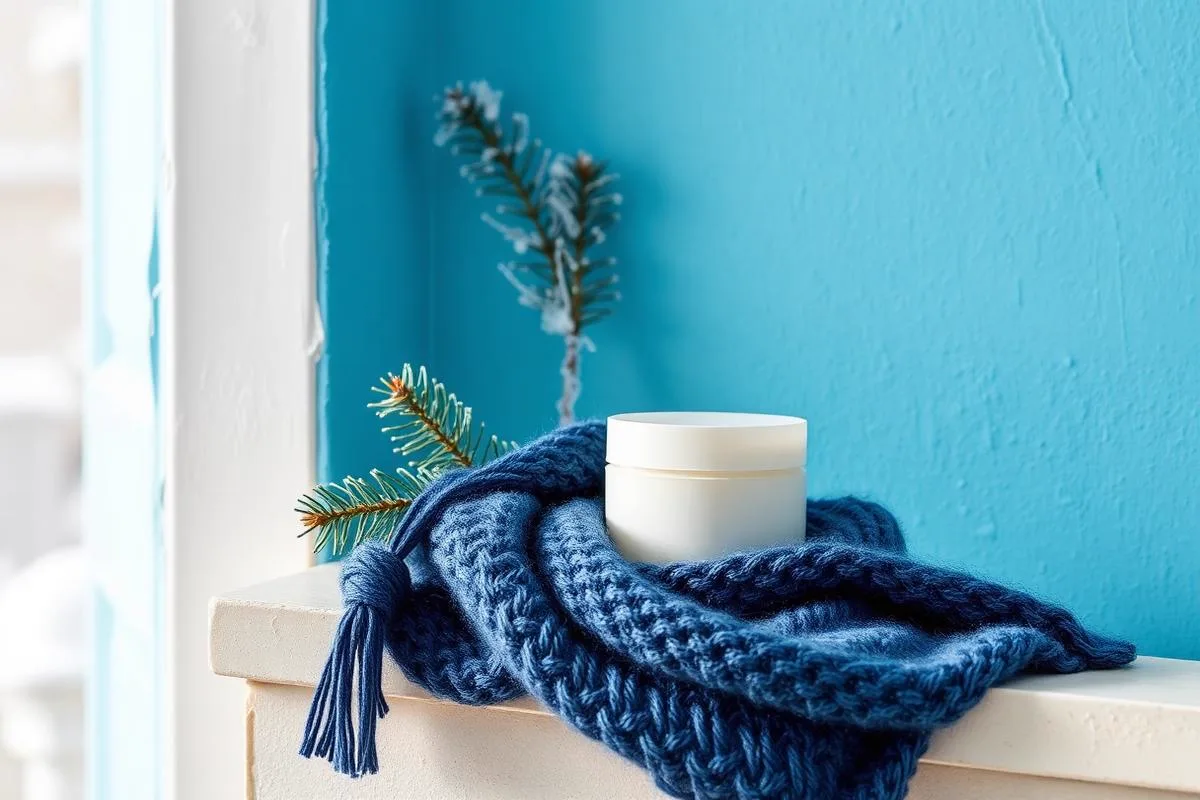 Ceramic balm jar on a frosted pale surface in cool winter daylight