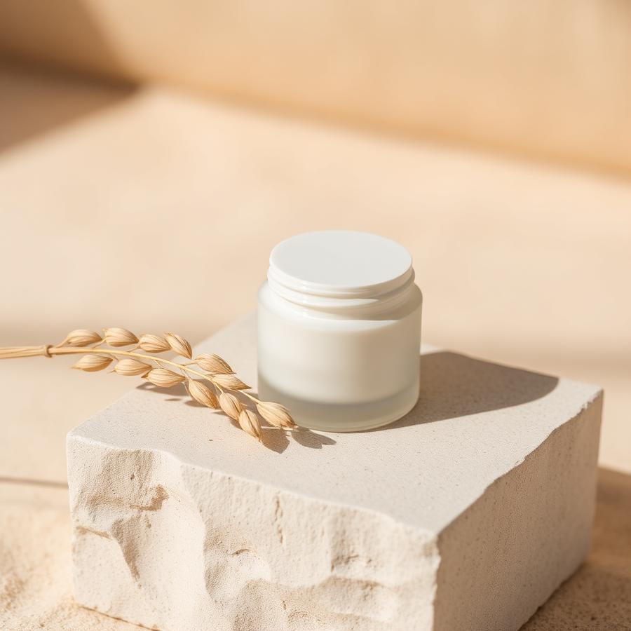 Frosted bottle beside a dried grass stem on warm oat plaster