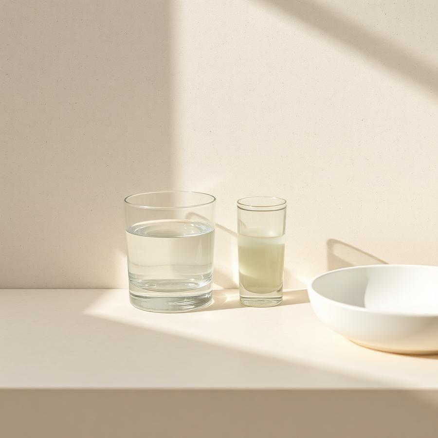 Stone basin with a water droplet and a pale cleanser bottle in soft daylight
