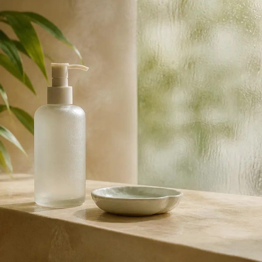 Clear glass gel jar beside a green leaf on pale stone in bright even light