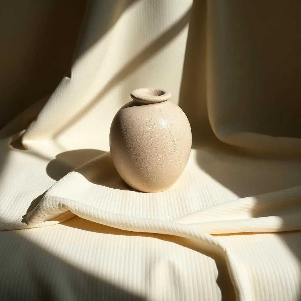 Matte stone jar resting on folded raw linen in soft diffused light