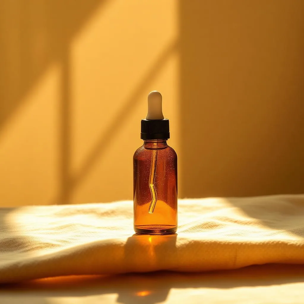 Amber glass bottle in warm golden light on a sunlit stone surface