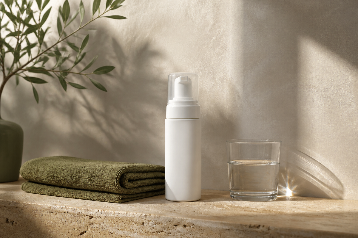 Unlabeled white foaming cleanser bottle on a travertine bathroom ledge beside a folded olive towel and a glass of water in morning light