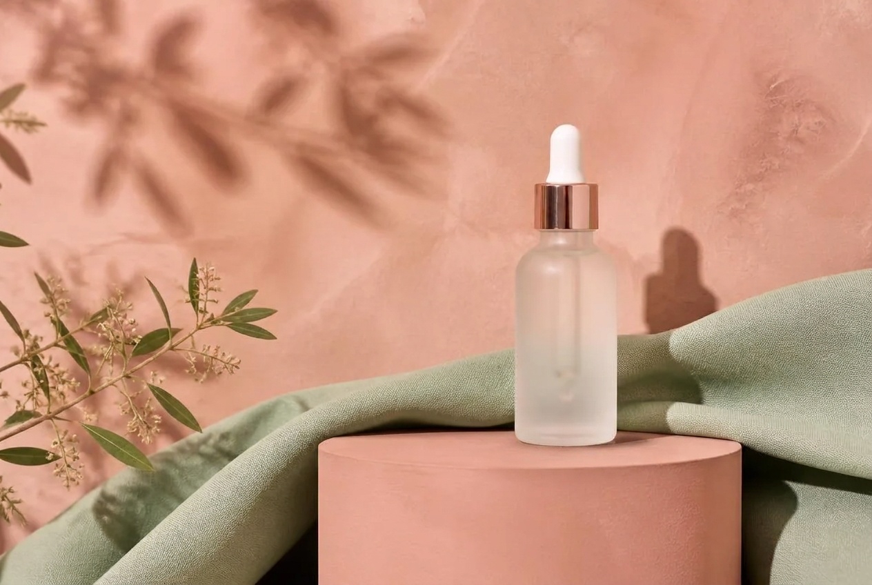 Frosted glass dropper bottle on peach silk beside a small ceramic dish in evening light