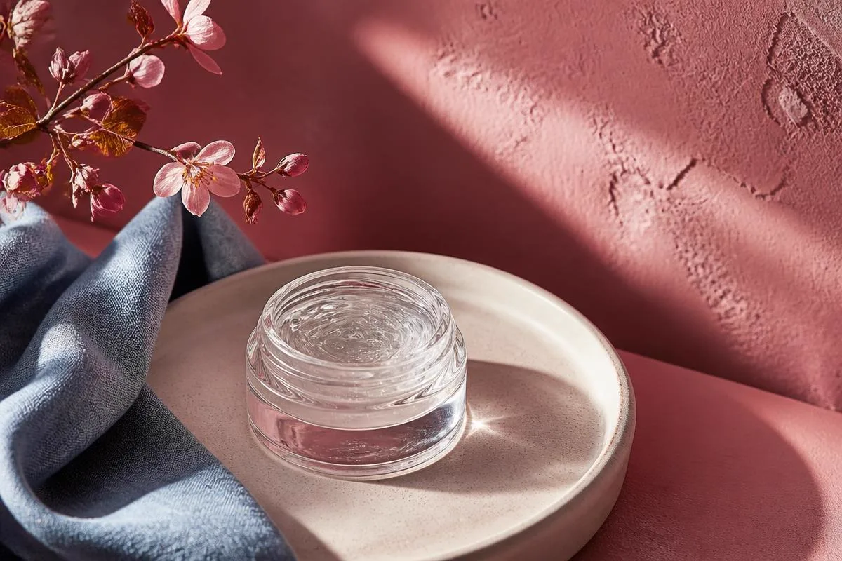 Open glass jar of pale water-gel moisturizer on a sage ceramic tray against a cream wall