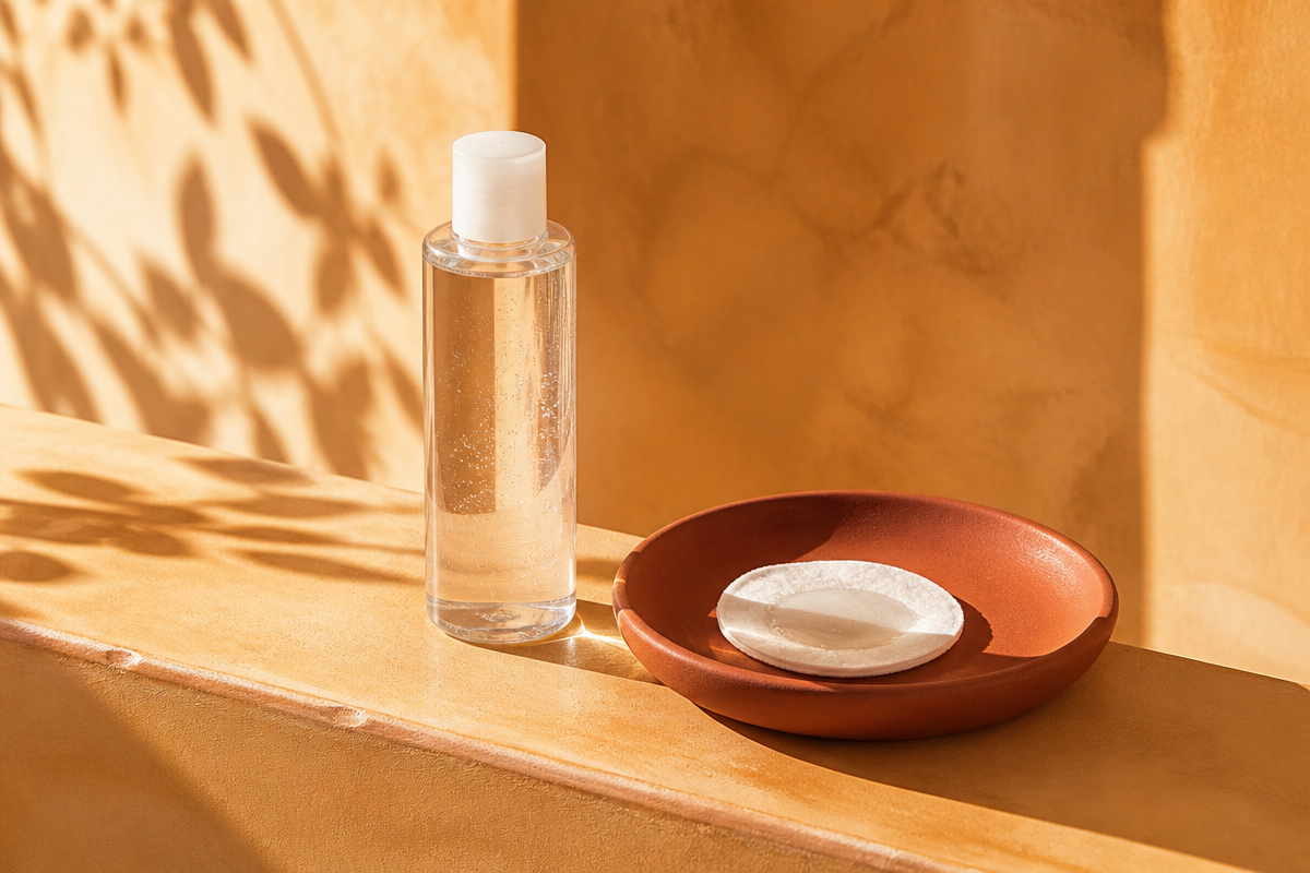 Slim clear bottle of liquid exfoliant on a sunlit honey plaster ledge beside a cotton pad in a terracotta dish