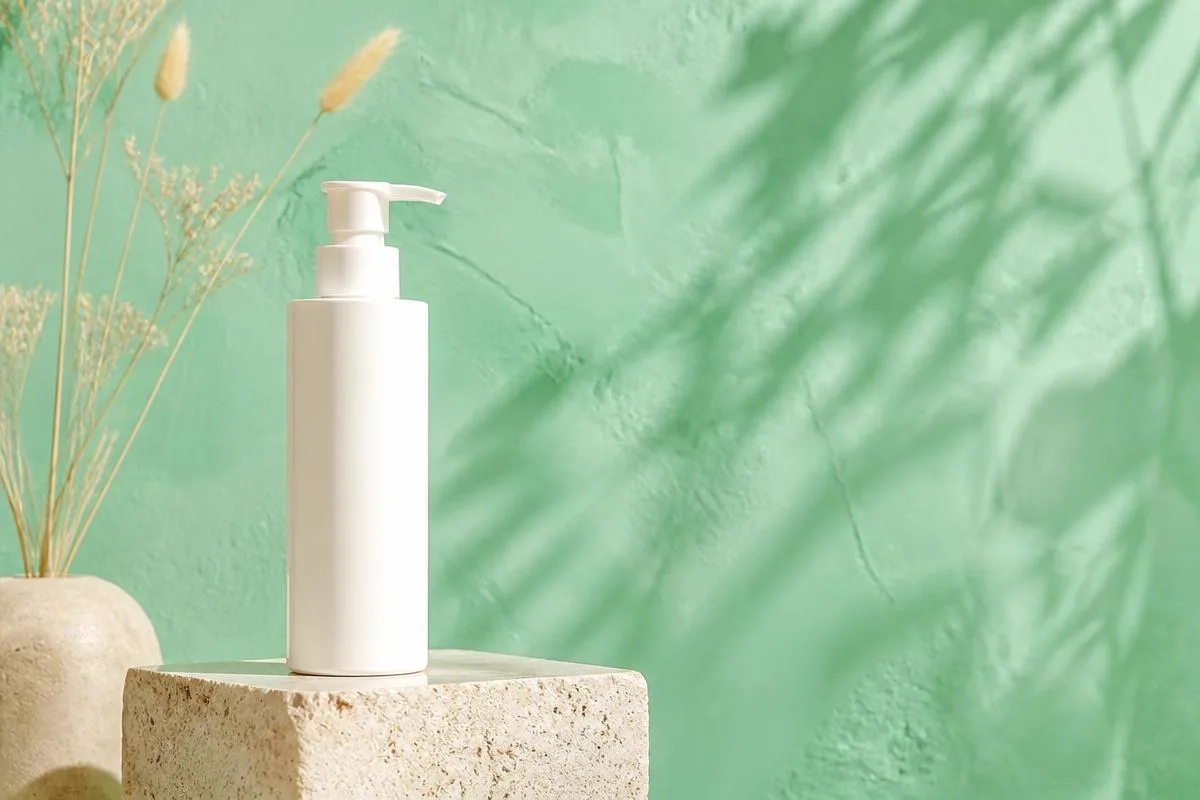 Tall white pump bottle on a cream travertine plinth with a dried grass stem in soft daylight