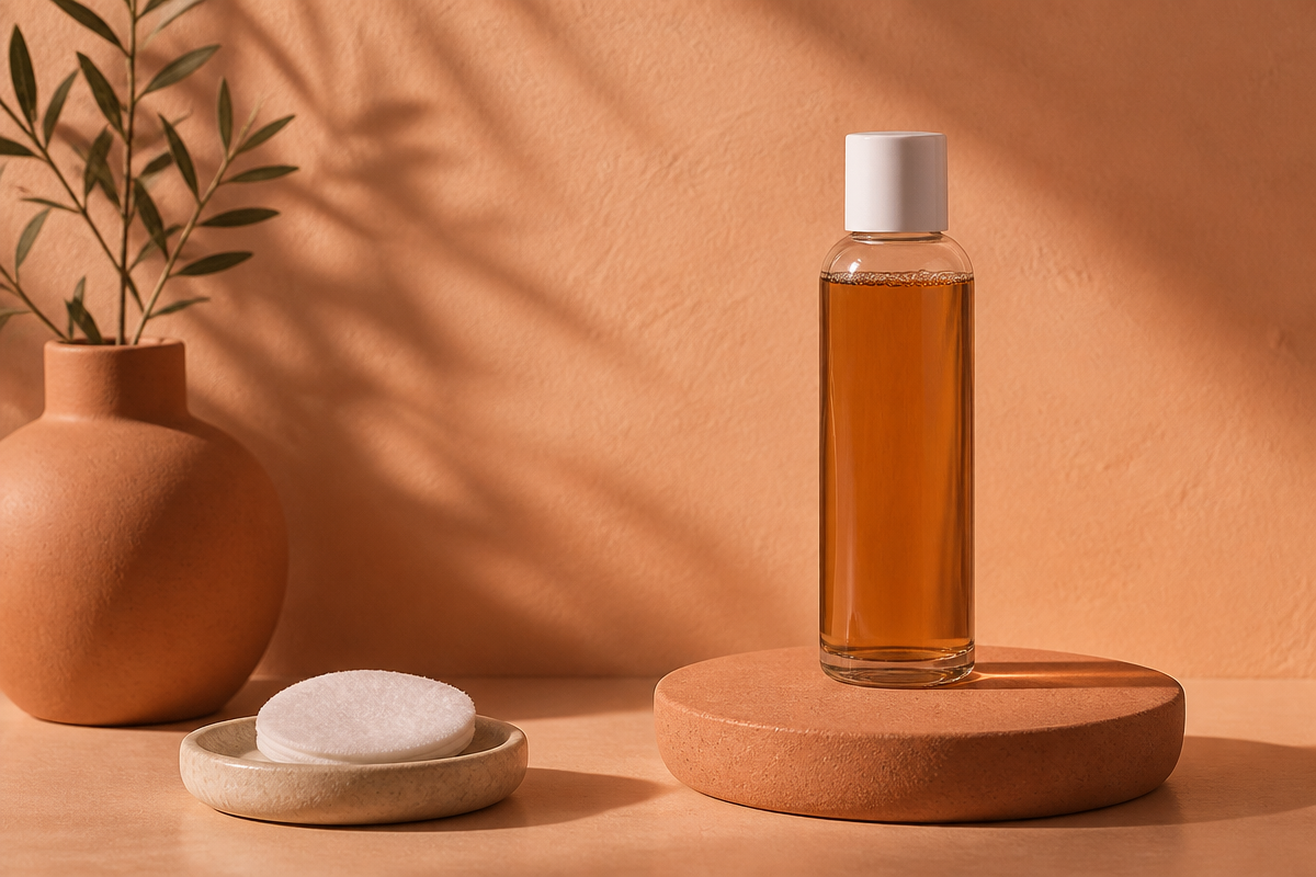 Clear bottle of amber toning solution on a round terracotta plinth against a warm apricot plaster wall with a cotton pad in a stone dish