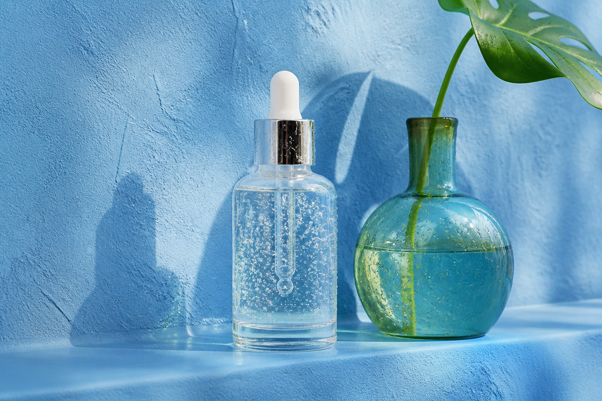 Clear glass dropper bottle of hydrating serum on a soft blue plaster ledge beside a teal glass vase holding a green leaf