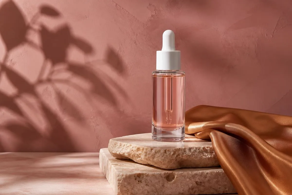 Clear glass dropper bottle and a matching white bottle laid flat on a peach linen runner beside a pale ceramic dish