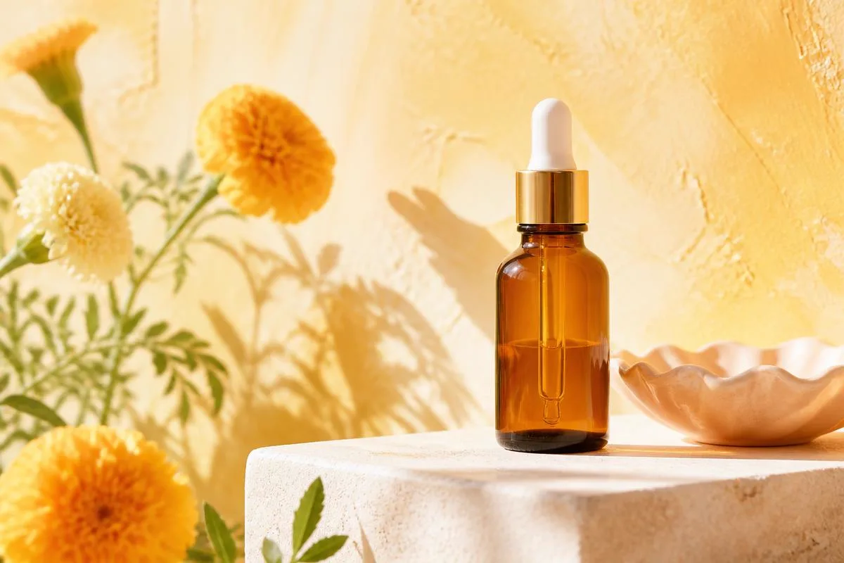Amber glass serum bottle on a pale stone plinth against a warm apricot wall in low side light