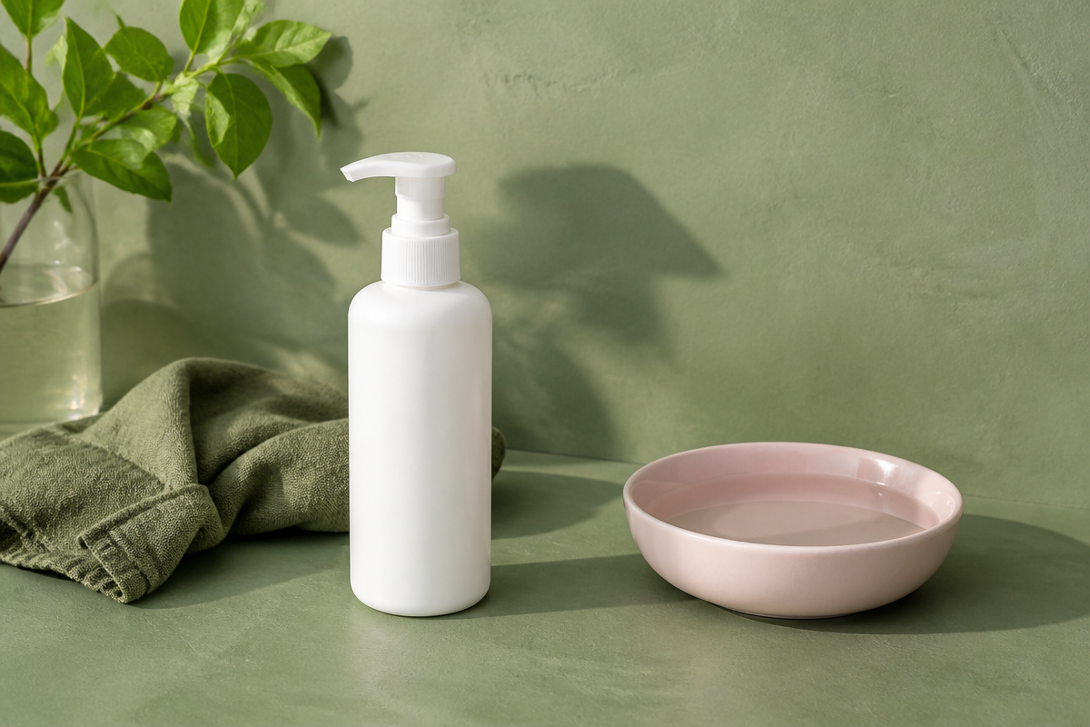 Plain white pump cleanser bottle on a sage green plaster counter beside an olive linen towel and a pale pink dish of water