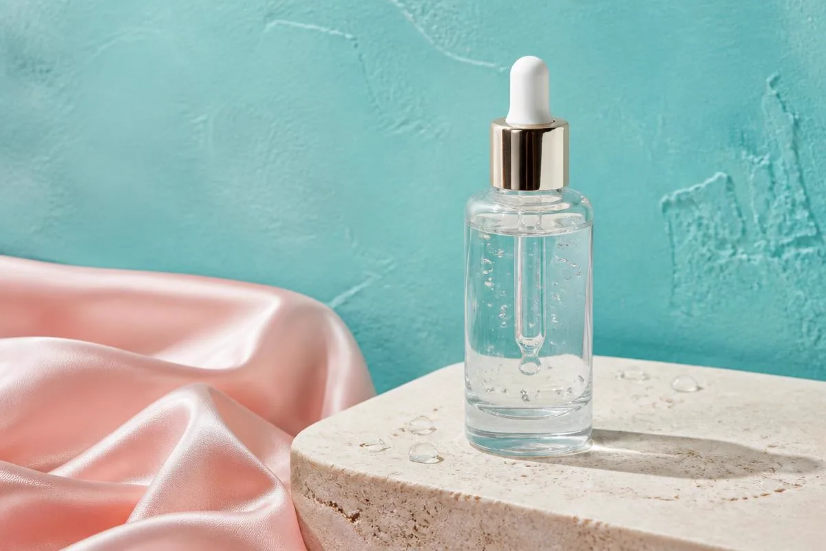 Clear glass booster bottle standing on a pale blue-gray stone ledge in cool daylight