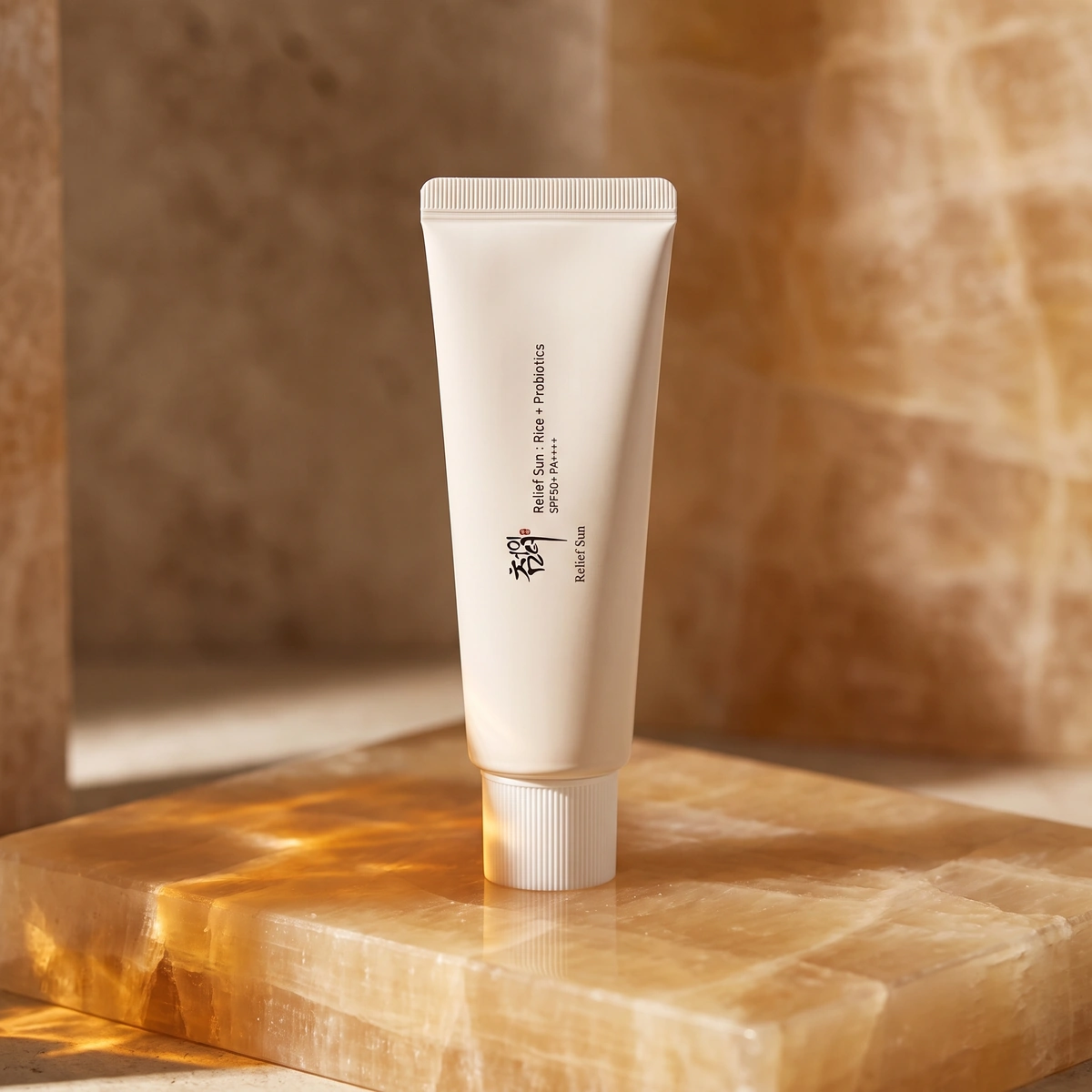Beauty of Joseon Relief Sun SPF 50+ tube on a honey stone block, with a white cap and an amber light streak