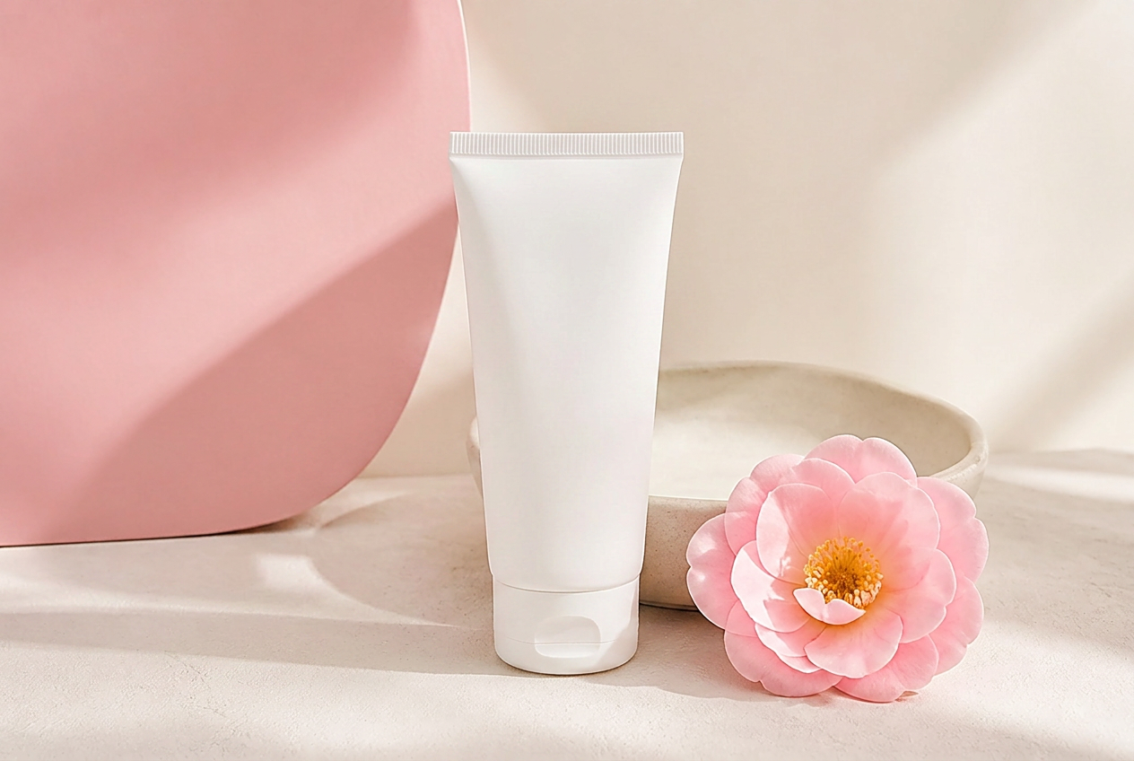 White unlabeled sunscreen tube on pale plaster beside a soft pink camellia flower and a cream ceramic dish
