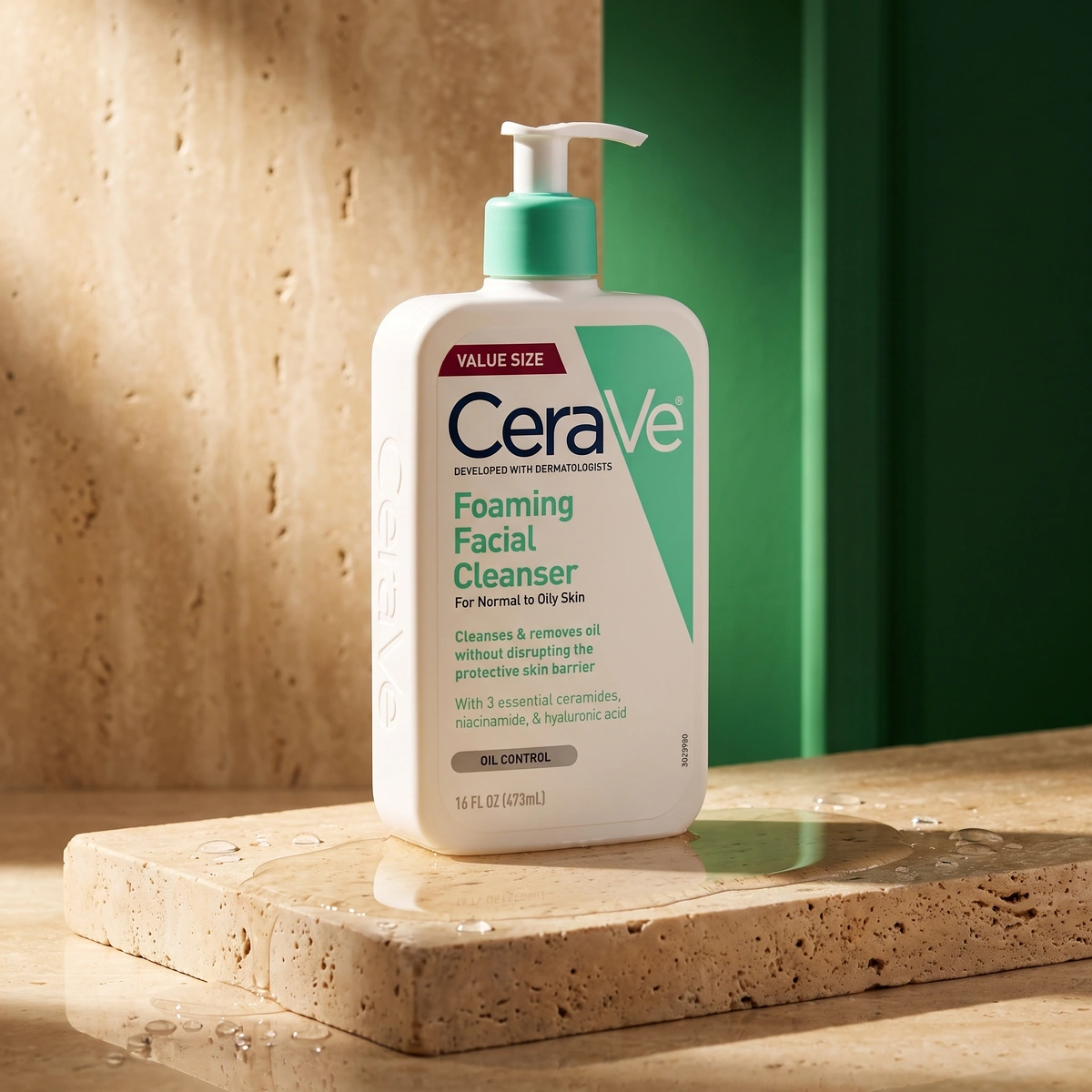 CeraVe Foaming Facial Cleanser bottle on a frosted glass disc, with a white pump and clear droplets