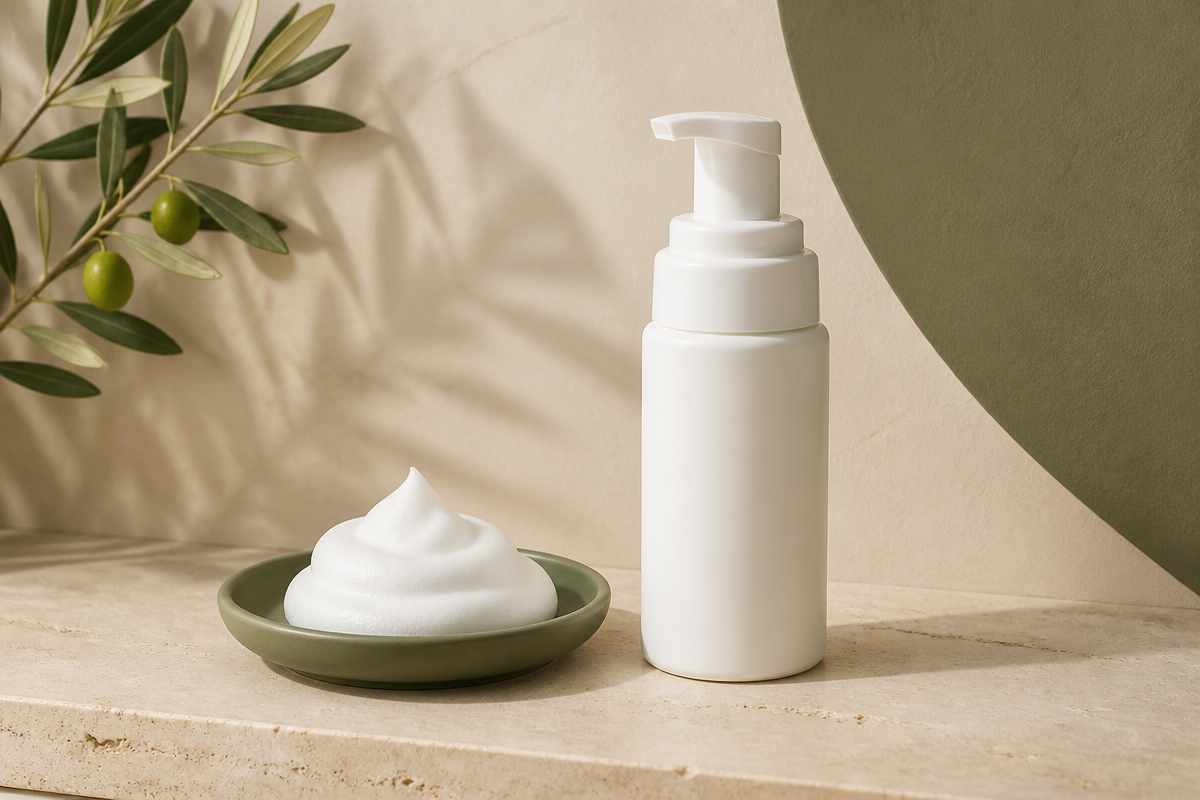 White pump bottle of foaming cleanser on cream travertine beside a swirl of foam in a sage ceramic dish