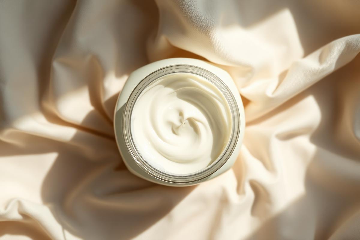 Open jar of thick white barrier cream with a soft swirl on cream linen