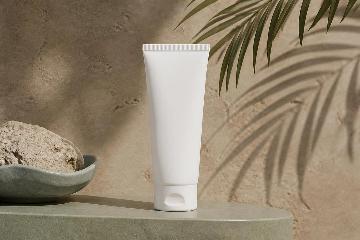 White mineral sunscreen tube on a sage stone ledge with a soft palm frond shadow