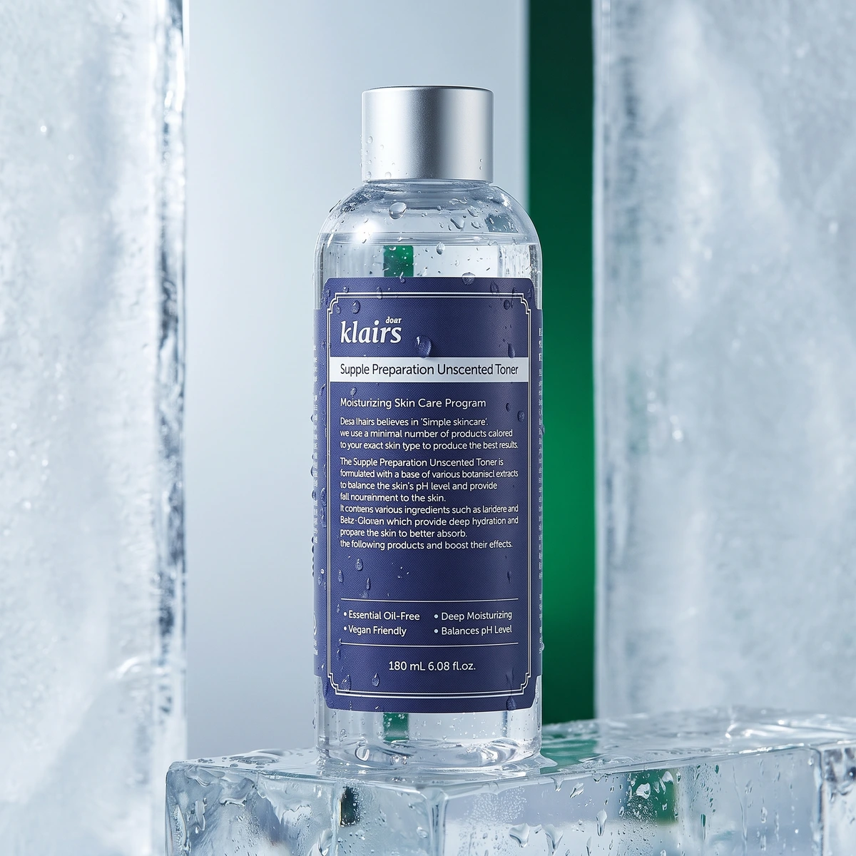 Klairs Supple Preparation Unscented Toner bottle on pale stone, with a white cap and a soft shadow