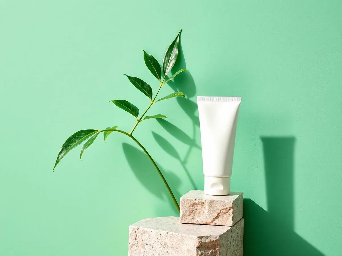 White soothing balm tube on a pale sage stone dish beside a smooth balm swatch