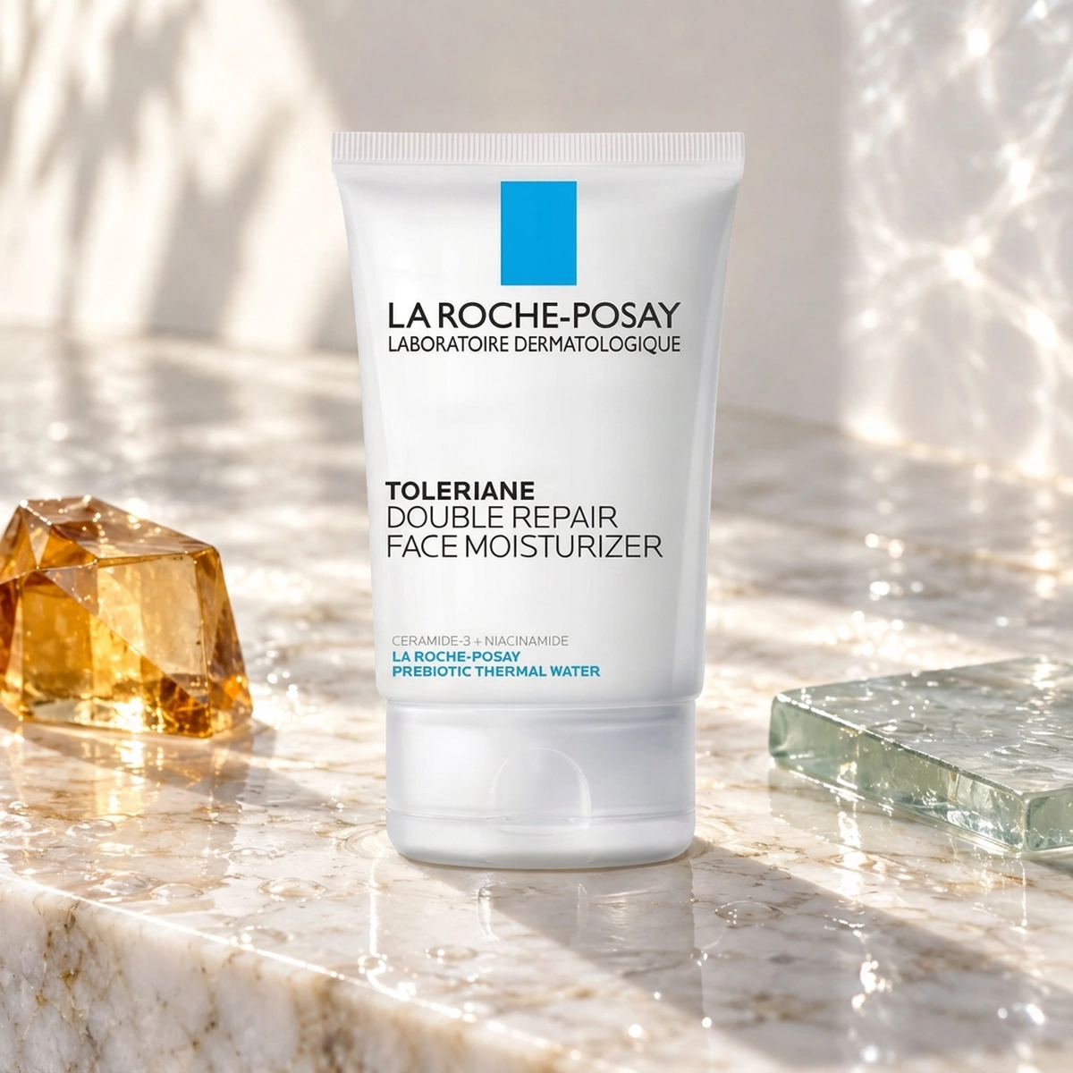 La Roche-Posay Toleriane Double Repair Face Moisturizer tube on a dewy mineral vanity with amber and Sea Glass accents