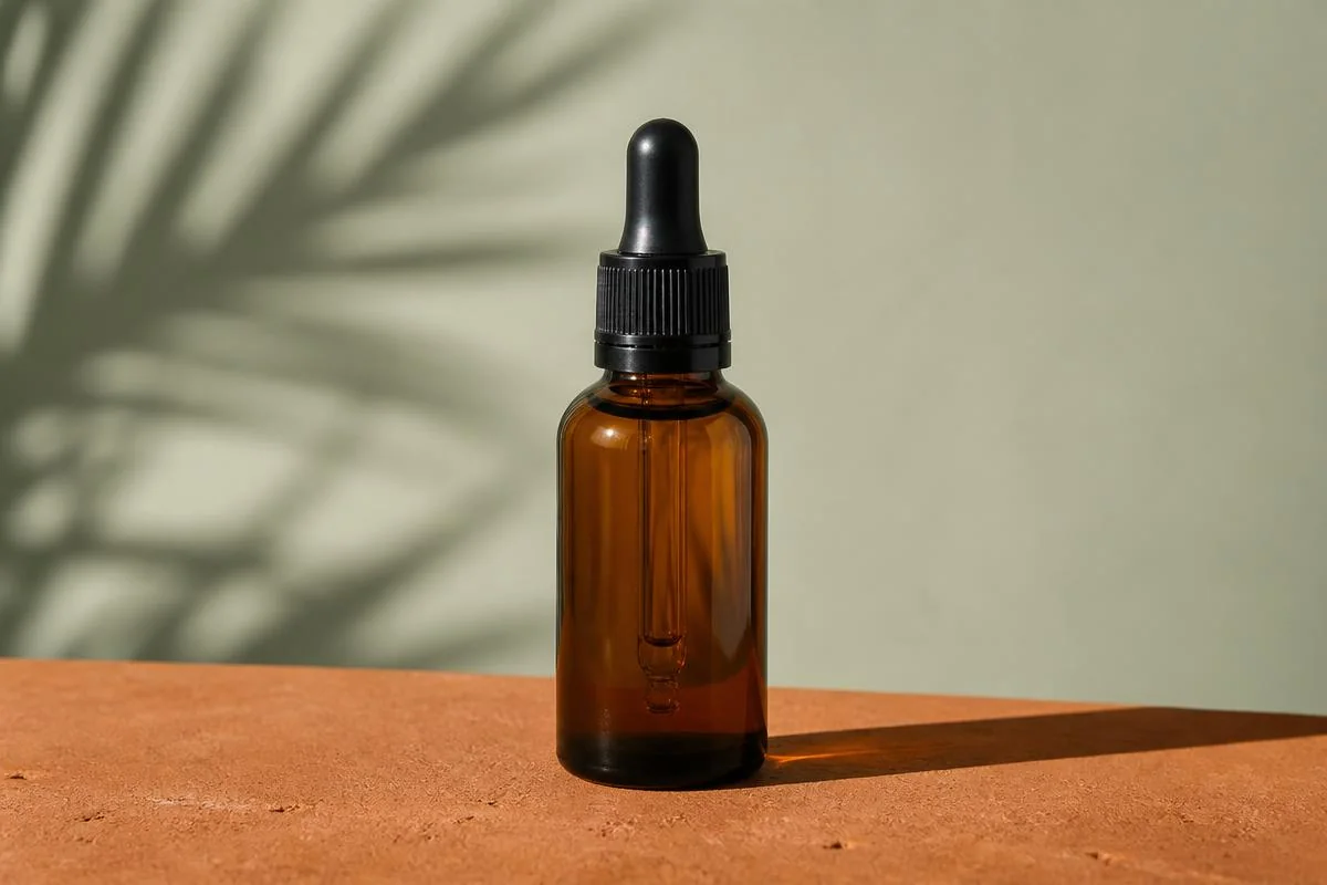 Frosted glass retinal serum bottle on soft peach silk with a small ceramic dish