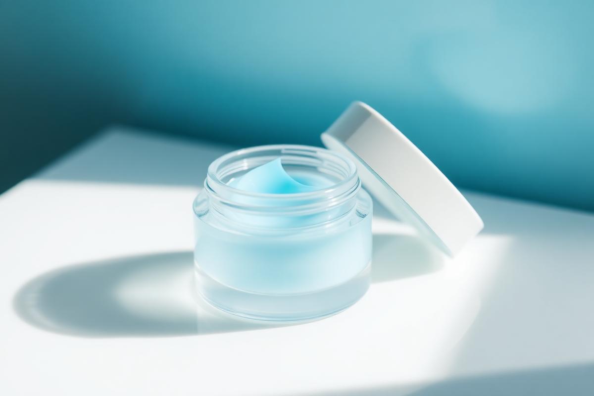 Open jar of translucent blue water-gel moisturizer on a bright milk-glass surface