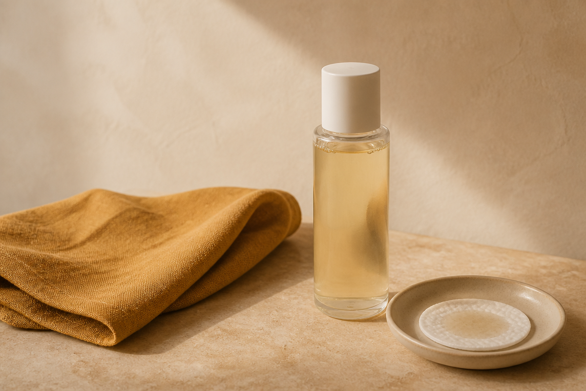 Slim clear bottle of liquid exfoliant on warm travertine beside honey-gold linen and a cotton pad in a stone dish